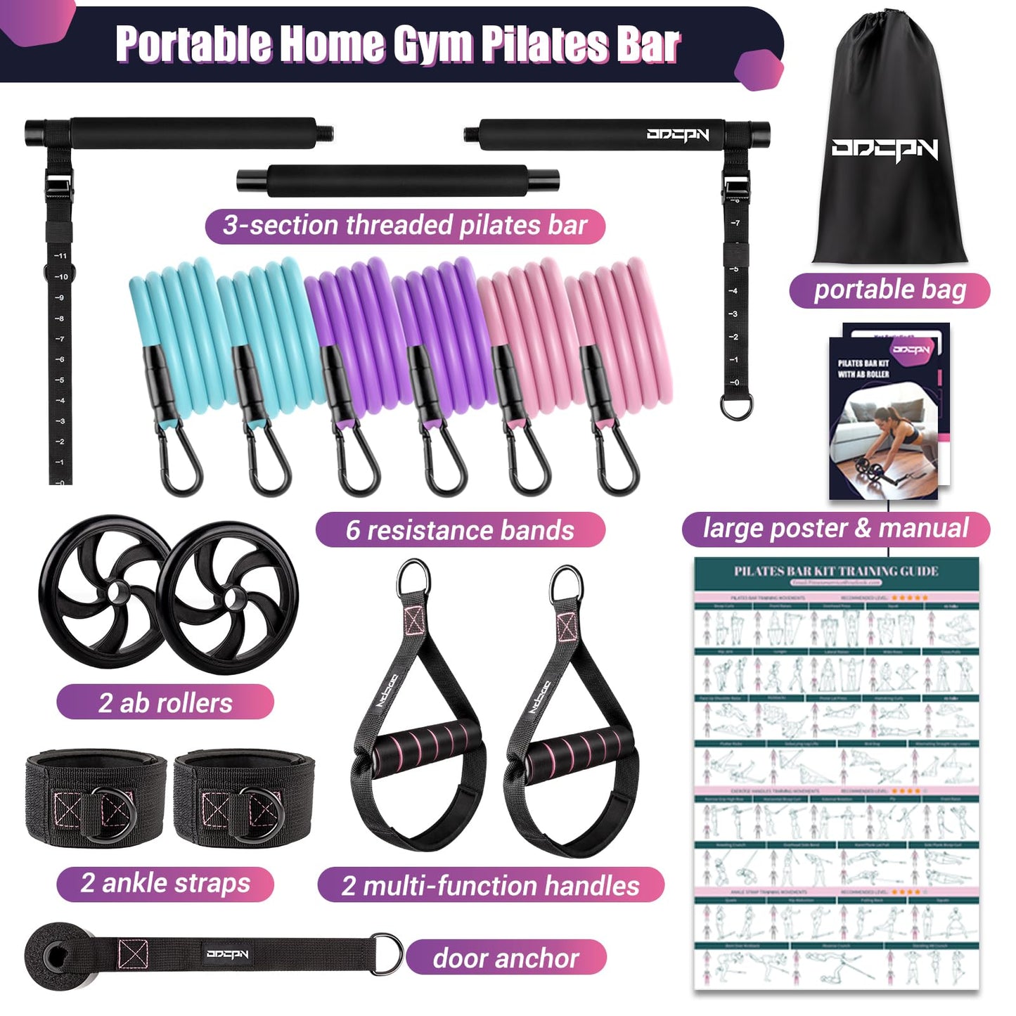 Pilates Bar Kit with Resistance Bands, Multifunctinal Exercise Bar with Ab Roller for Yoga/Abs/Weight Loss, Portable Home Gym Pilates kit for Full Body Training Women - Black