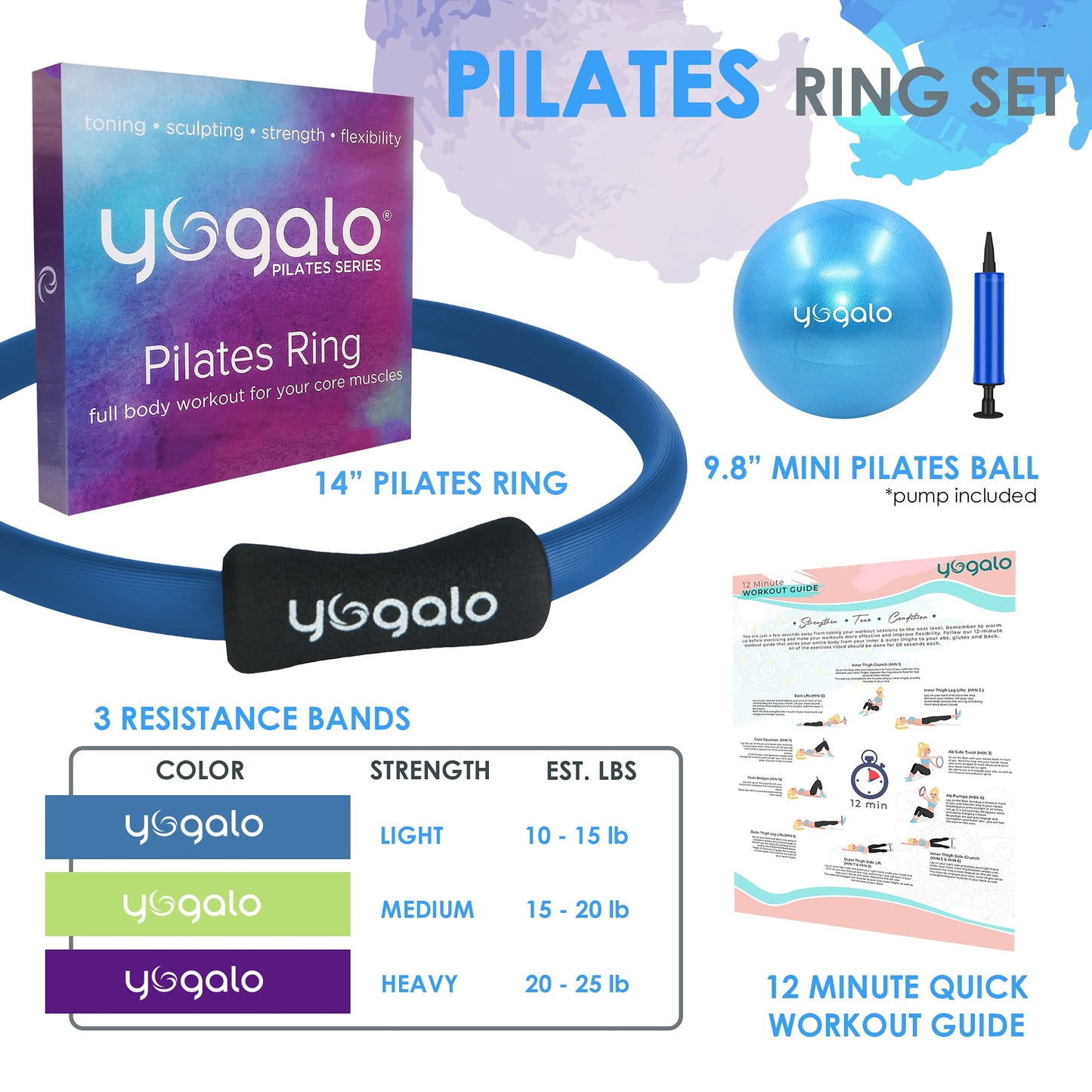 Pilates Ring and Ball Set with 3 Resistance Bands - Pilates Equipment for Home Workout - Magic Circle Pilates Ring 14 Inch to Tone, Sculpt and Strengthen - Fitness Ring for Yoga and Pilates (Blue)