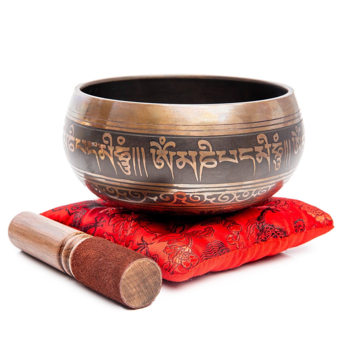 Tibetan Singing Bowl Set Authentic – Handmade in Nepal Sound & Meditation Bowl – Spiritual Decor for Yoga, Wellness Spaces & Relaxation by Himalayan Bazaar (Brown & Red)