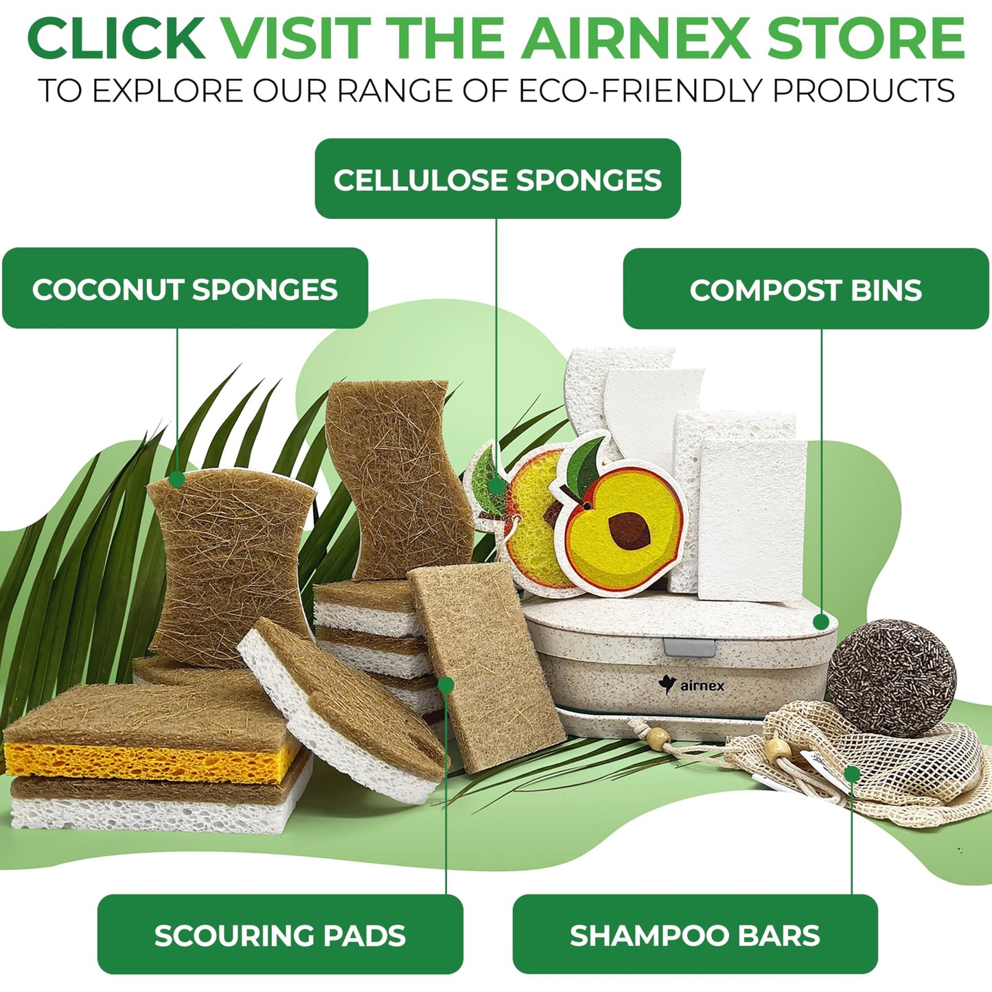 AIRNEX Biodegradable Natural Kitchen Sponge - Compostable Cellulose and Coconut Walnut Scrubber Sponge (12 Pack)