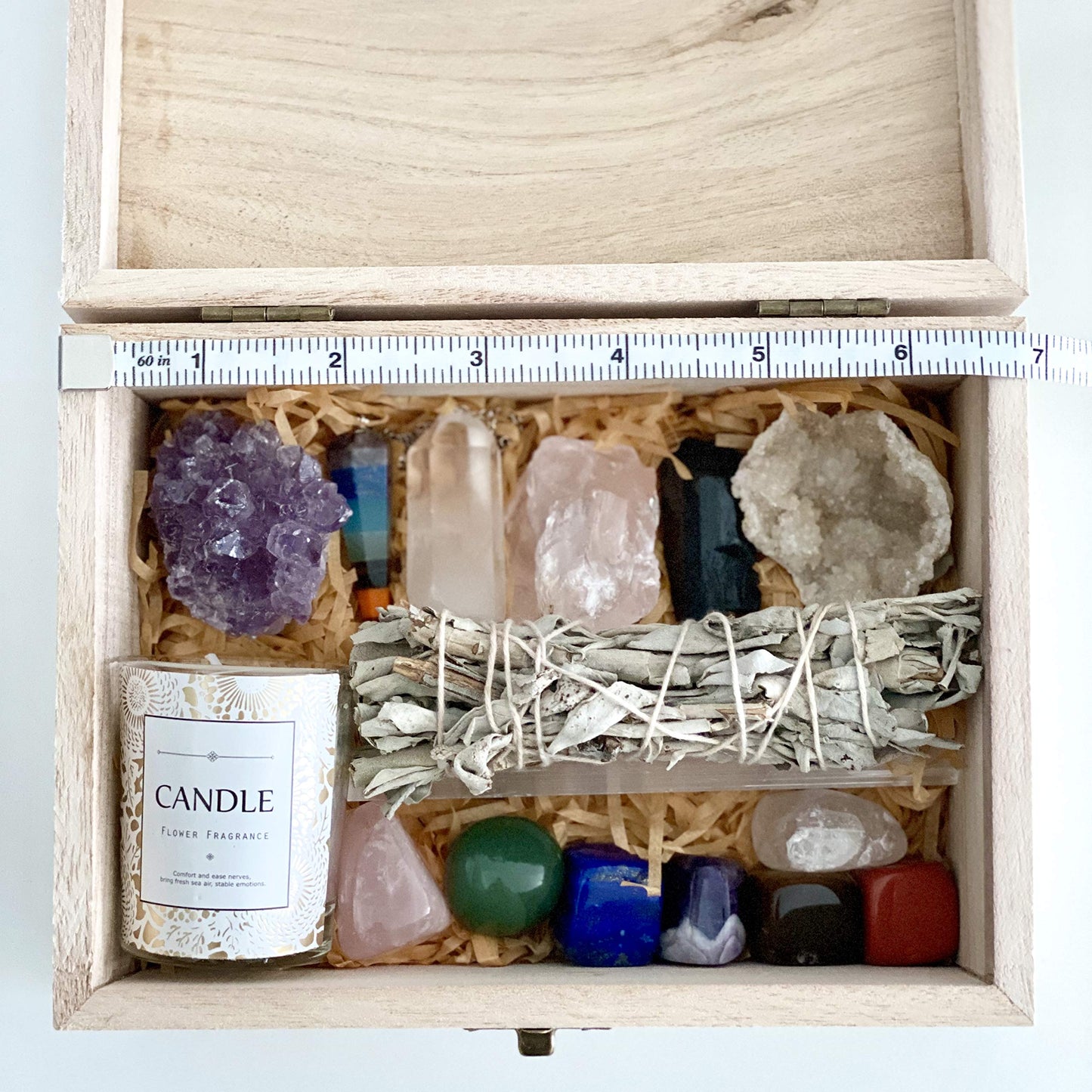 Healing Crystals Kit - Chakra Stones Crystal Starter Set | Sage Smudge Kit and Relaxation Candle | Protection + Meditation with Wooden Reiki Box for Gifts