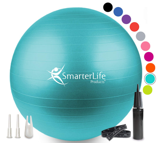 SmarterLife Exercise Ball Yoga Ball for Fitness, Balance, Stability, or Pregnancy, Gym Ball for Core Workout, Physical Therapy, Yoga Ball Chair for Office, Anti-Slip Anti-Burst (65cm, Turquoise)